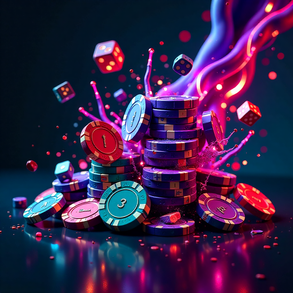 Dynamic 3D explosion of purple and teal casino chips, Solana coins, and dice mixed with subtle liquid metal ribbons in German flag colors (black, red, gold), dark charcoal reflective background, neon energy trails, futuristic high-tech gambling art, high